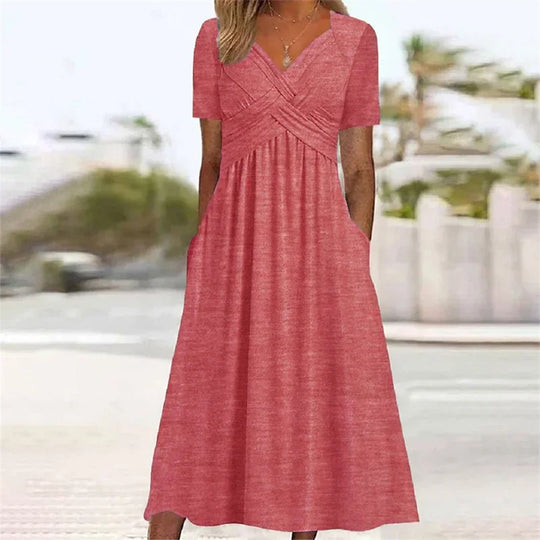 Elegante V-Hals Crossover Wrap Buste Jurken Vrouwen Effen Kleur Jurk Met Korte Mouwen Zomer Vrouwelijke Forensenjurk Met Dubbele Zakken