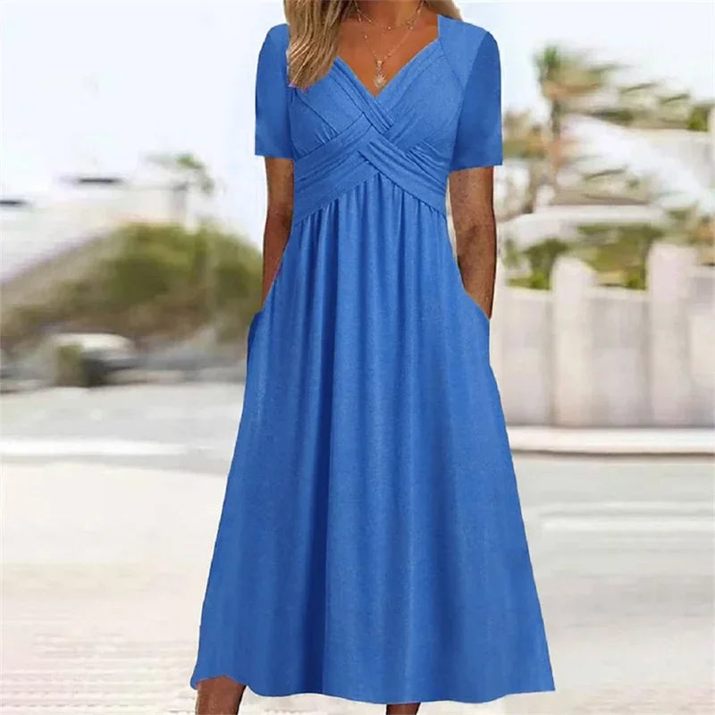 Elegante V-Hals Crossover Wrap Buste Jurken Vrouwen Effen Kleur Jurk Met Korte Mouwen Zomer Vrouwelijke Forensenjurk Met Dubbele Zakken