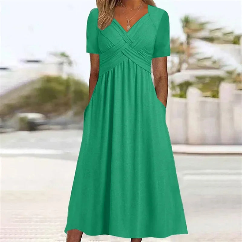 Elegante V-Hals Crossover Wrap Buste Jurken Vrouwen Effen Kleur Jurk Met Korte Mouwen Zomer Vrouwelijke Forensenjurk Met Dubbele Zakken